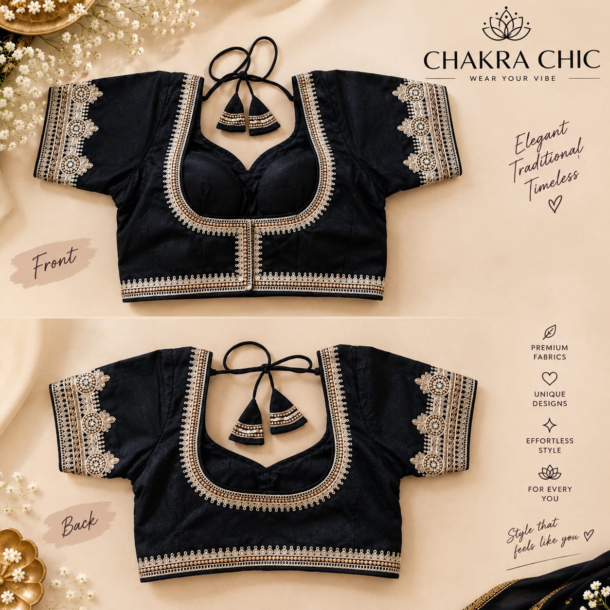Front and back views of a black embroidered blouse