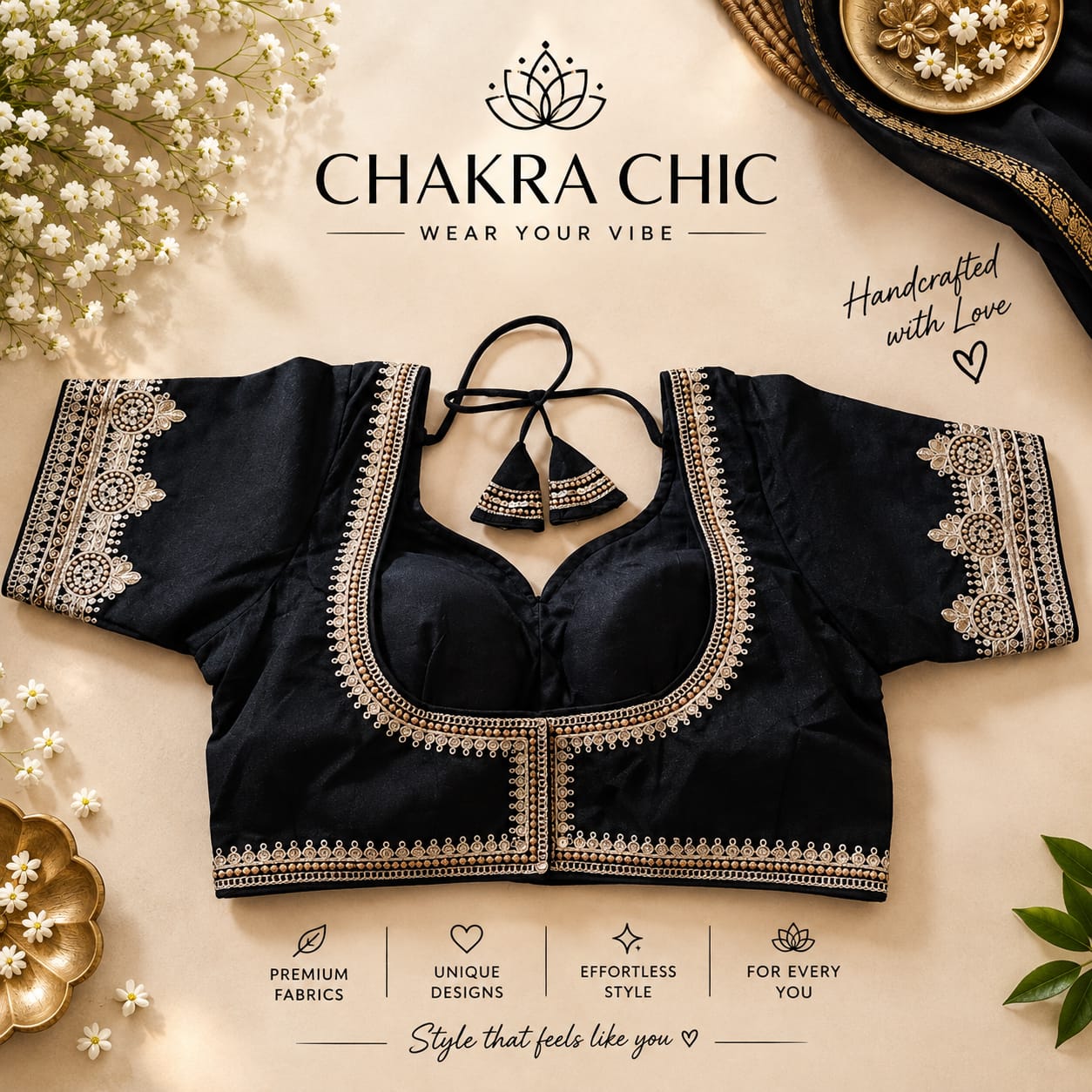 Black blouse with gold embroidery