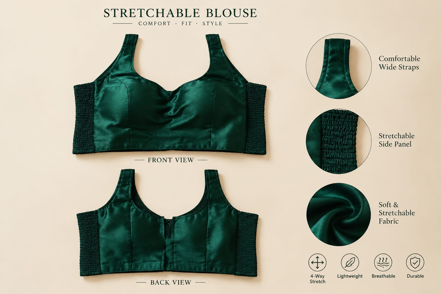 Emerald green stretch blouse with front and back views