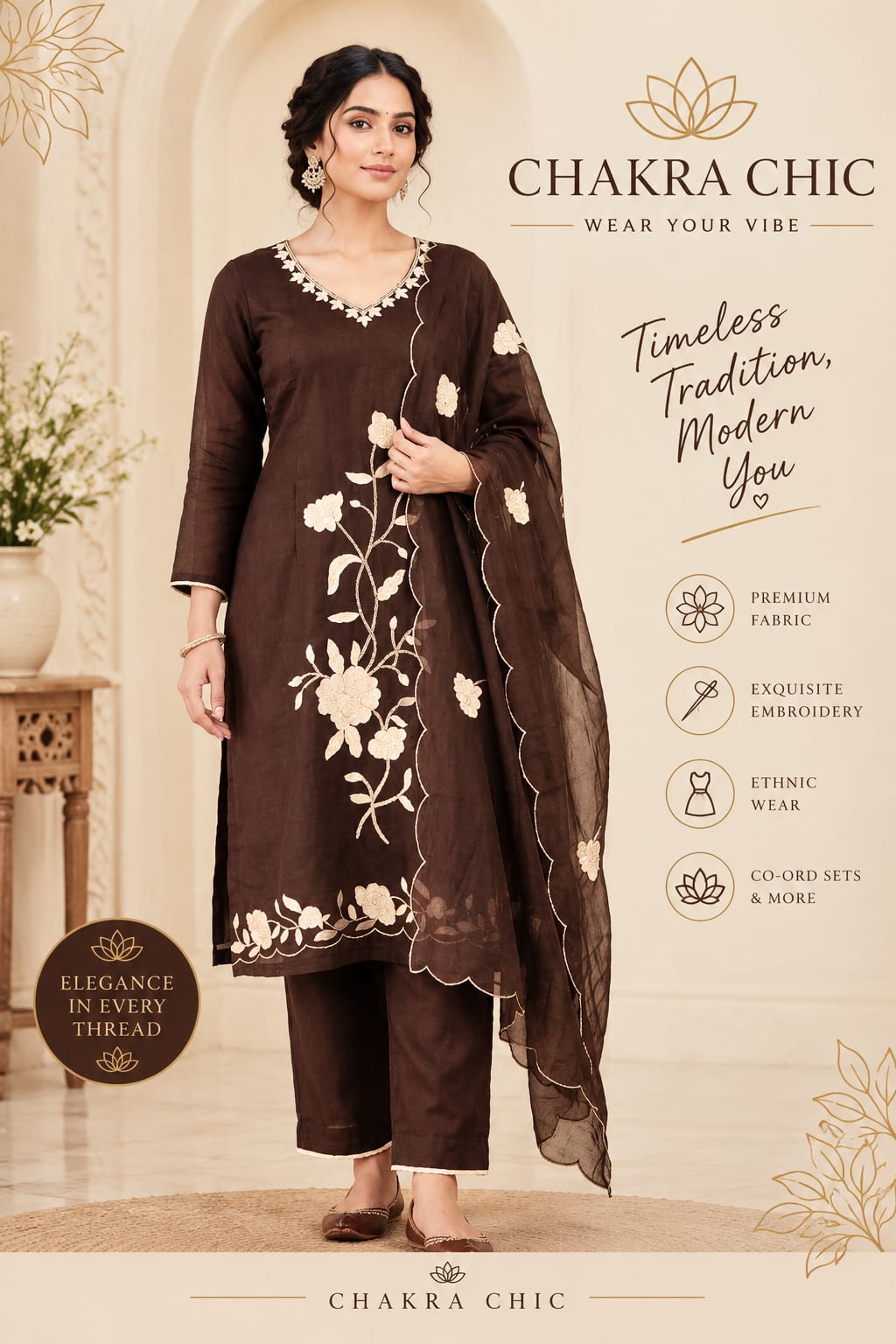 Espresso brown suit with ivory embroidery