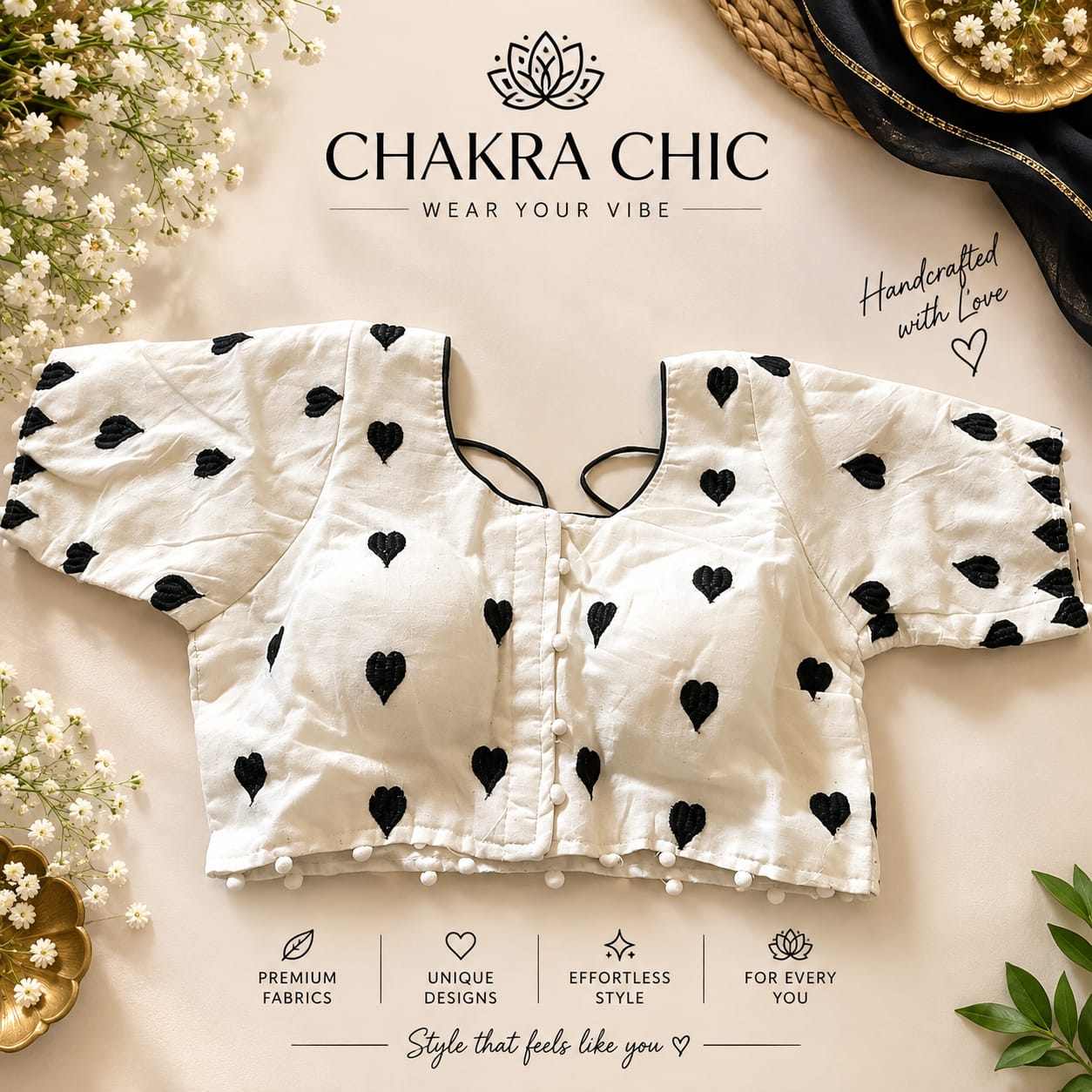 Ivory blouse with black embroidered motifs