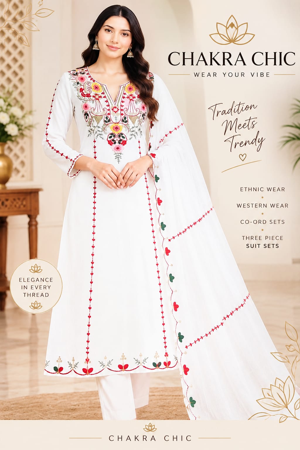 Ivory suit with colorful floral embroidery