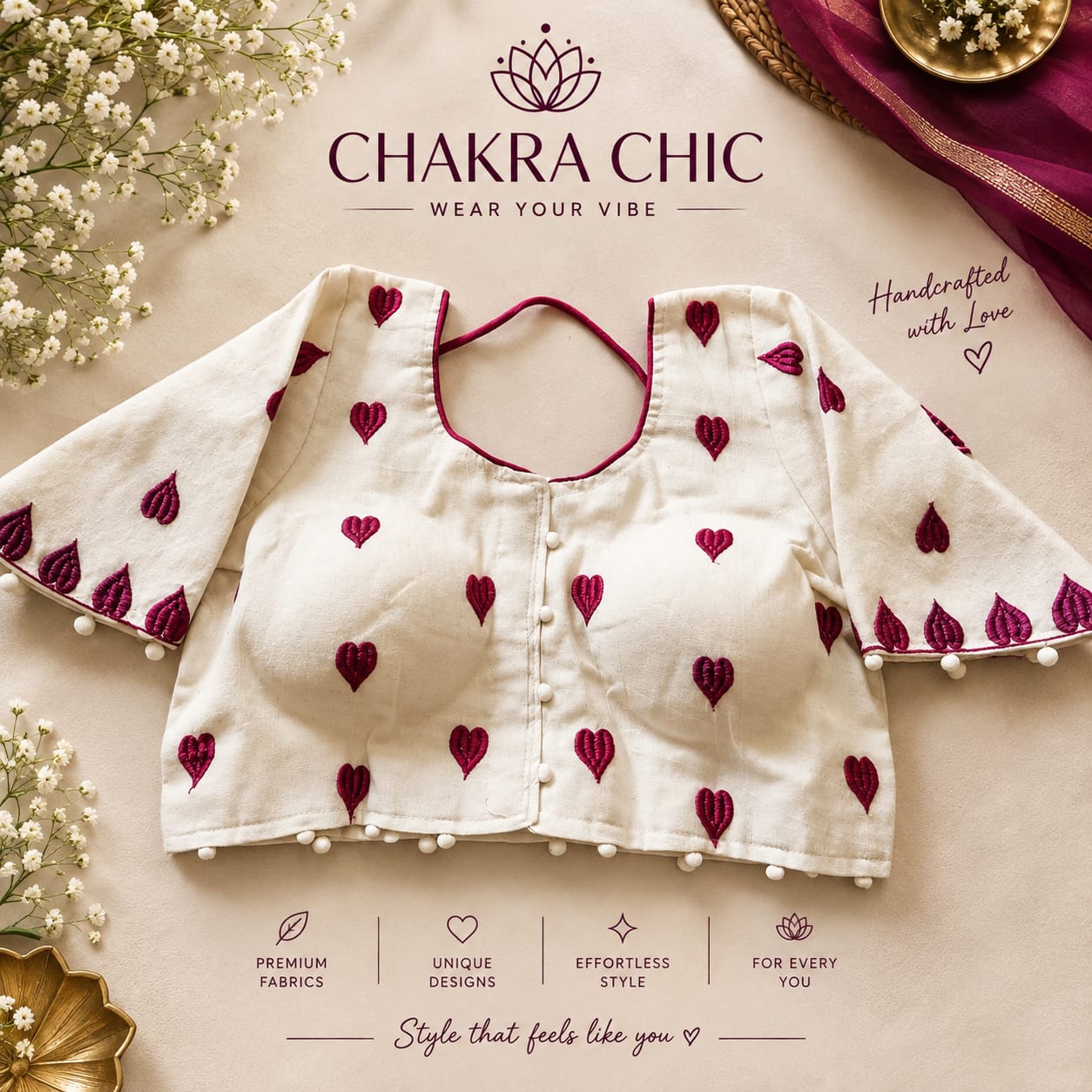 Ivory blouse with magenta embroidered motifs