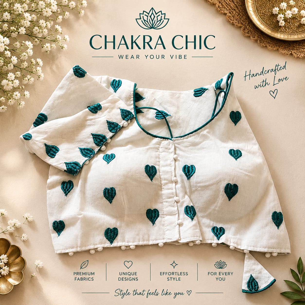 Ivory blouse with teal embroidered motifs