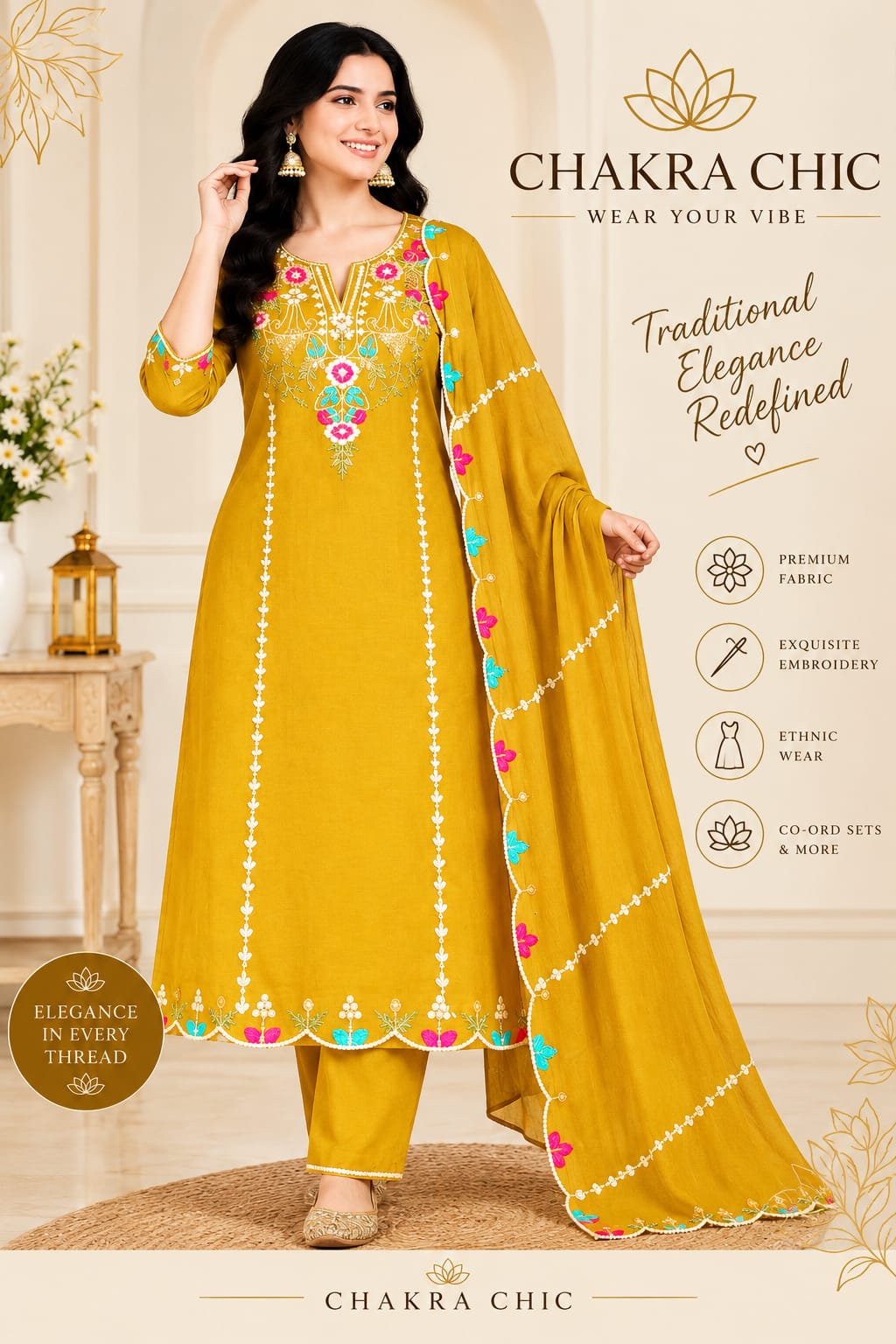 Mustard embroidered three-piece suit